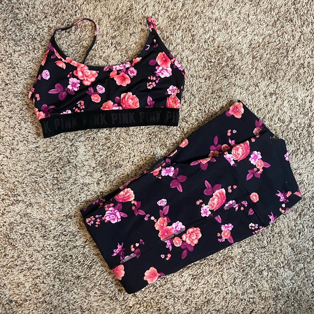 PINK black and pink floral workout set.